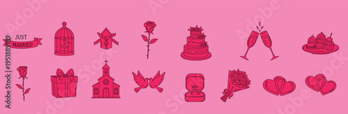 Wedding and marriage celebration doodles and sketches set  love, heart, ring, cake, flowers, party, 