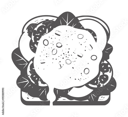 Stylized of a layered breakfast sandwich with egg and greens food