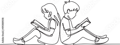Two children reading books back to back in continuous line art