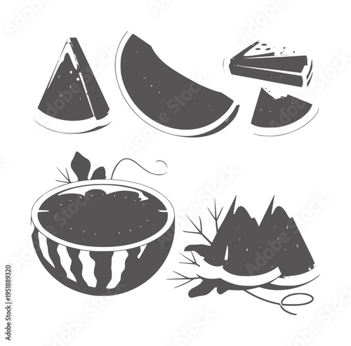 Various dark gray watermelon slices and halves white fruit food half