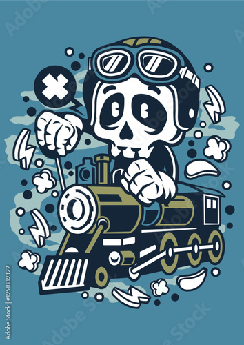Skeleton driving a steam train, cartoon style, with goggles and helmet