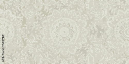 Intricate floral damask pattern repeated across a light beige background