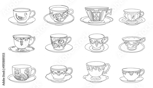 A collection of vintage teacups with decorative patterns. Ideal for tea time concepts, kitchenware designs, cafe branding, wedding invitations, etc.