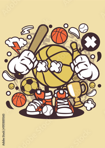 Collection of sports equipment and trophy, cartoon doodle style