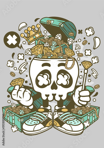 Skeleton character with treasure chest and gold coins with hip hop