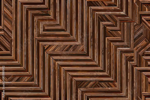 Abstract geometric pattern of interlocking brown wooden blocks