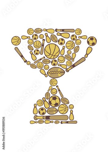 Trophy shape made of various sports equipment