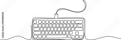Continuous line drawing of a computer keyboard with a curved cable