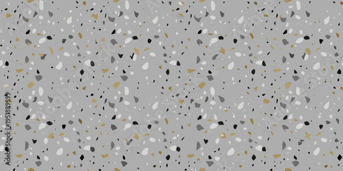 A seamless pattern of scattered terrazzo chips in shades of gray and gold