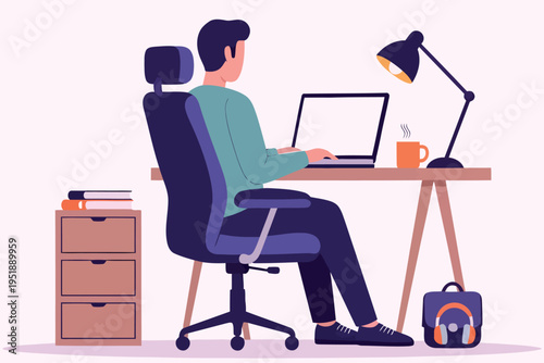 A man working on a laptop at a desk with office accessories