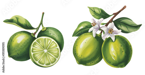 Natural lime fruit composition with peel and flower in delicate watercolor wash.