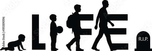 Life cycle human silhouette concept, stages from baby to adult and death, growth timeline symbol, minimalist vector illustration isolated background