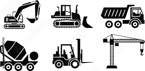 Black silhouette vector set of heavy construction machinery icons including excavator bulldozer dump truck concrete mixer forklift and crane for industrial site building design