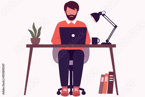 A man working on a laptop at a desk with a plant and lamp