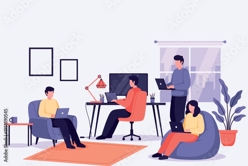 People working remotely in a modern brightly lit home office space