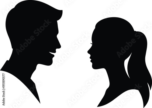 Male and female face silhouettes, human profile interaction concept, communication or relationship symbol, minimalist vector illustration isolated on white background