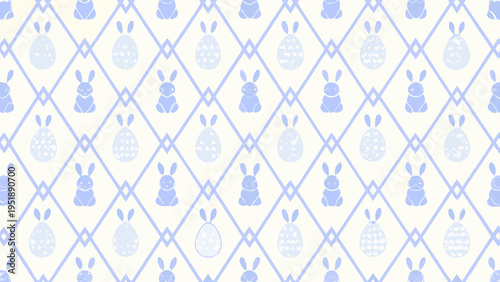 Pastel blue and white seamless pattern featuring rabbits and easter eggs