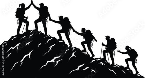 Mountain climbing team silhouettes, hikers helping each other reach summit, teamwork adventure concept, outdoor trekking illustration, vector isolated background