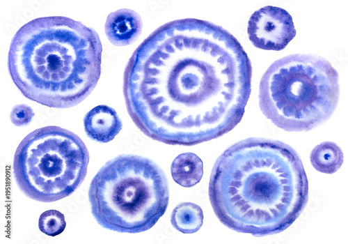 Set of concentric tie-dye patterns in blue and purple tones isolated on white background.