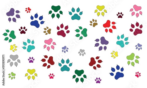 set of colorful Cat And Dog Paws, Fun Collection of Colorful Stylized Cat And Dog Paws Featuring Bright Rainbow Hues And Graphics, JPG