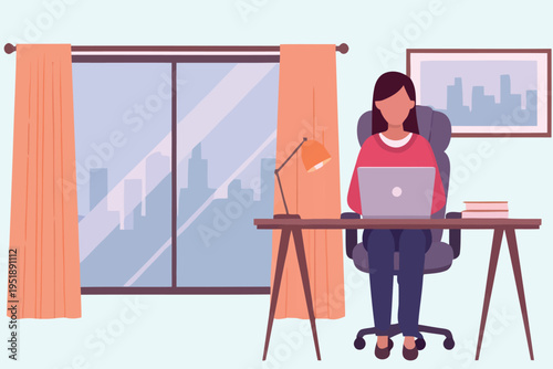 Woman working remotely at a desk near a large window overlooking a city