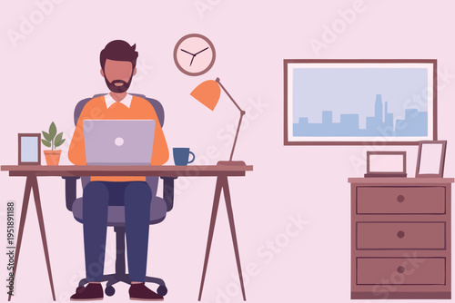 Man working on laptop at a desk in a modern home office setting