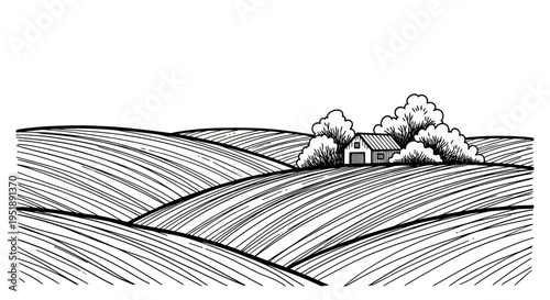 Rural Farmhouse Nestled Among Rolling Hills and Trees in a Serene Landscape.