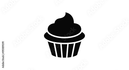 Simple Black Cupcake Icon with Swirled Frosting.