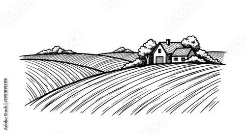 Rustic Farmhouse Nestled Among Rolling Agricultural Fields.