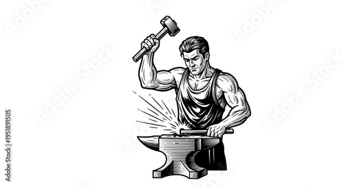Strong Blacksmith Forging Metal on Anvil with Hammer in Hand.