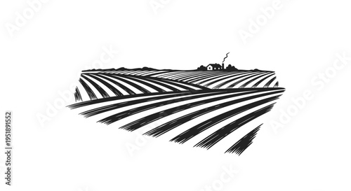 Stylized Illustration of Agricultural Fields and Farm Buildings.