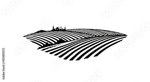 Stylized Vineyard Landscape with Rolling Hills and Farmhouse Silhouette.