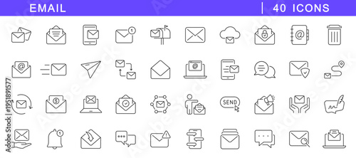 Email icon set. Mail icons in line style. Editable web icons letter, message, inbox, post mail, postal, letter sent, new mail, reply, forward mail etc. Vector illustration.