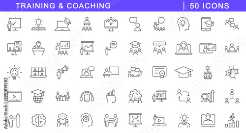 Training icon set. Coaching icons in line style. Editable web icons education, e-learning, mentoring, meeting, conference, online courses, skill development etc. Vector illustration.