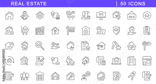 Real estate icon set. Property icons in line style. Editable web icons house, buying, renting, home, building, mortgage, address, renovation etc. Vector illustration.