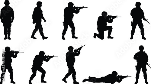 Soldier silhouettes set military army combat poses with weapons tactical operation figures isolated black illustration for defense security design