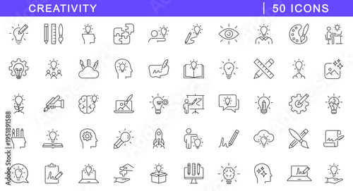 Creativity icon set. Innovation icons in line style. Editable web icons idea, invention, startup, inspiration, solution, brainstorming etc. Vector illustration.
