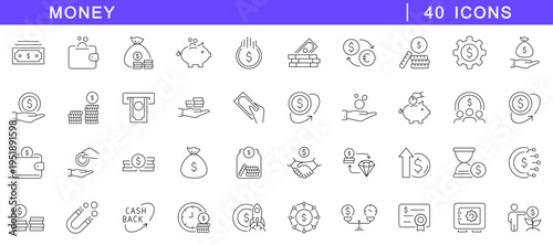 Money icon set. Finance icons in line style. Editable web icons wallet, cards, coins, moneybag, stash, cash, piggy bank etc. Vector illustration.