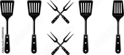 Black silhouette vector set of kitchen utensils including spatulas and crossed barbecue forks for restaurant menus cooking classes and backyard grilling equipment design projects