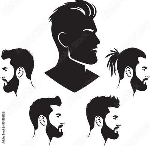 Mens haircut styles silhouettes with beard and trendy hair grooming