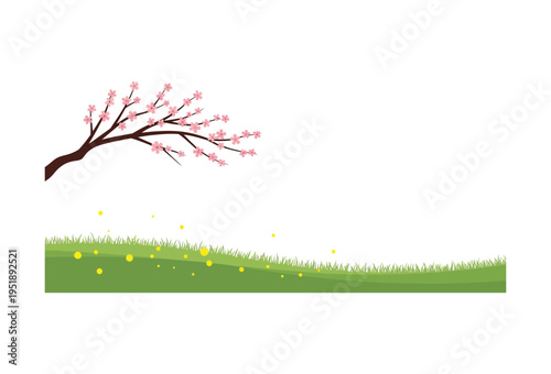 Simple stylized vector graphic illustration depicting a blossoming cherry branch extending over a rolling green grassy field with scattered glowing yellow spots on transparent background