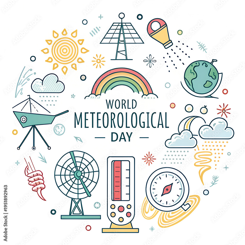 Naklejka premium World meteorological day vector illustration with weather icons set