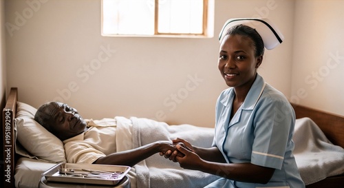 African nurse in blue uniform caring for elderly patient in rural clinic with compassionate atmosphere