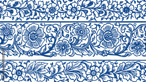 Intricate blue and white floral pattern repeating across a seamless background