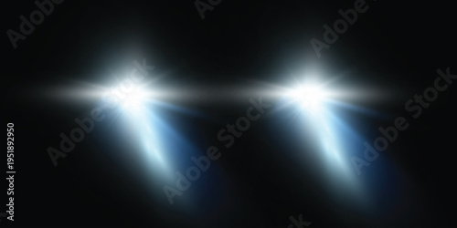 Cars light effect. White glow car headlight bright beams ray isolated on transparent background	
