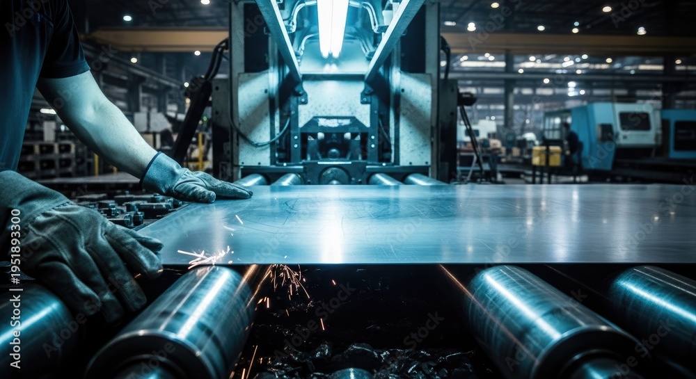Fototapeta premium Worker processing metal sheets on industrial conveyor system