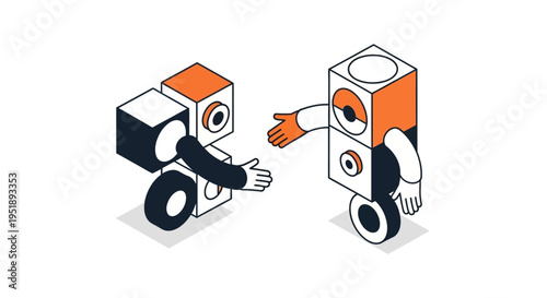 Two robots shaking hands in greeting.