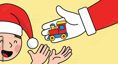 A child's hands reaching for a toy train held by a gloved hand wearing a Santa hat.