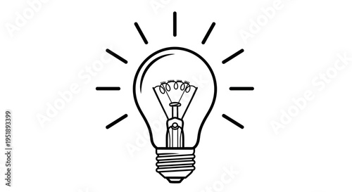 Glowing Light Bulb Icon with Rays, Symbolizing Idea and Innovation, Isolated White Background