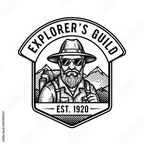 Photography Explorers Guild Vintage Emblem with Bearded Man in Hat and Sunglasses